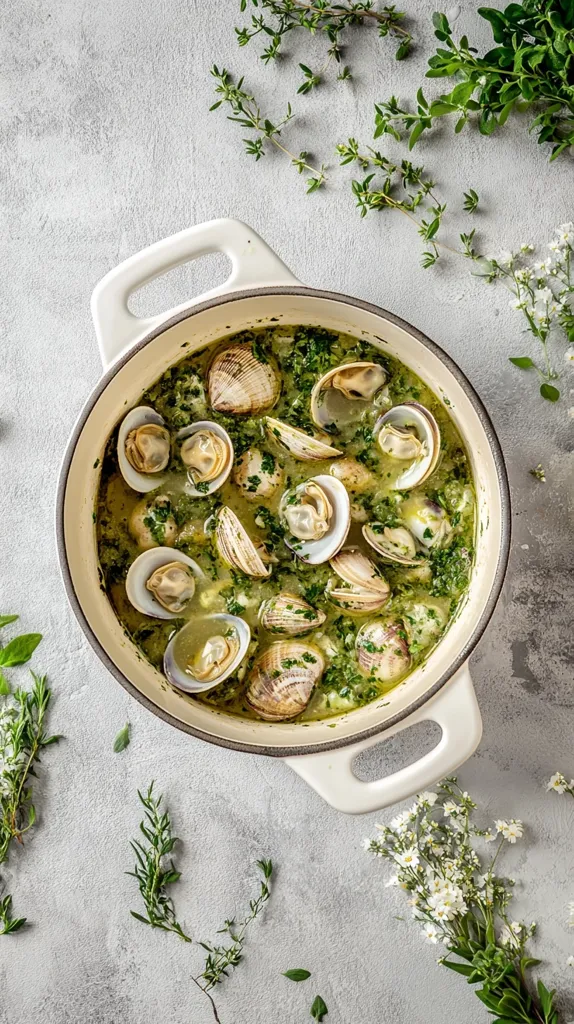 A white pot filled with cooked clams in a green sauce. The clams are open and the sauce is thick and creamy. There are sprigs of herbs and white flowers scattered around the pot on a gray background. The dish looks delicious and inviting.
