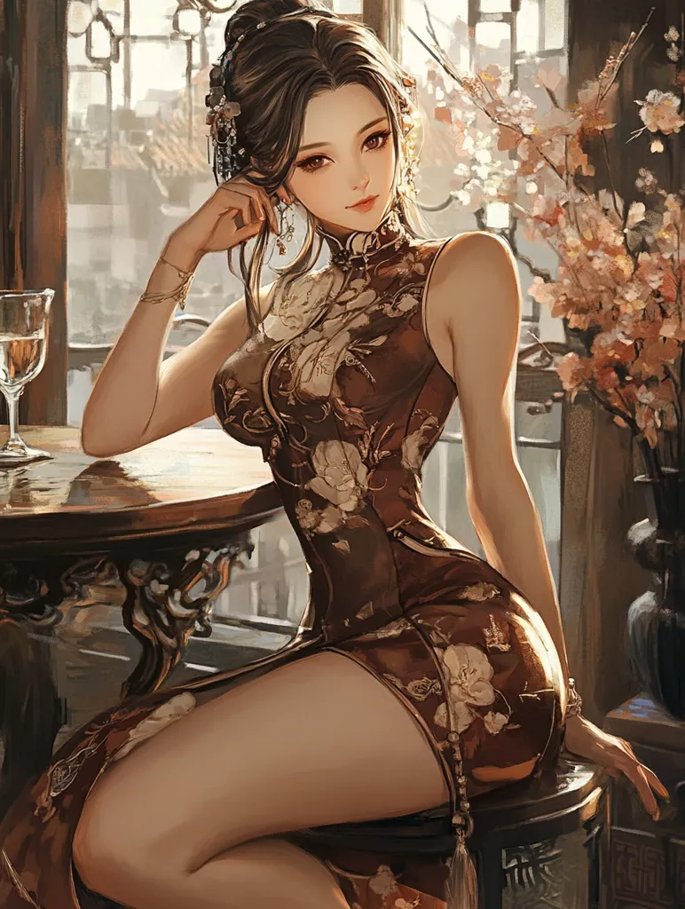 A young woman with long dark hair, wearing a traditional Chinese dress with floral patterns, sits gracefully on a stool. She gazes at the viewer with a captivating expression. Her delicate features, adorned with earrings, exude elegance. The warm lighting and soft focus enhance the intimate atmosphere.