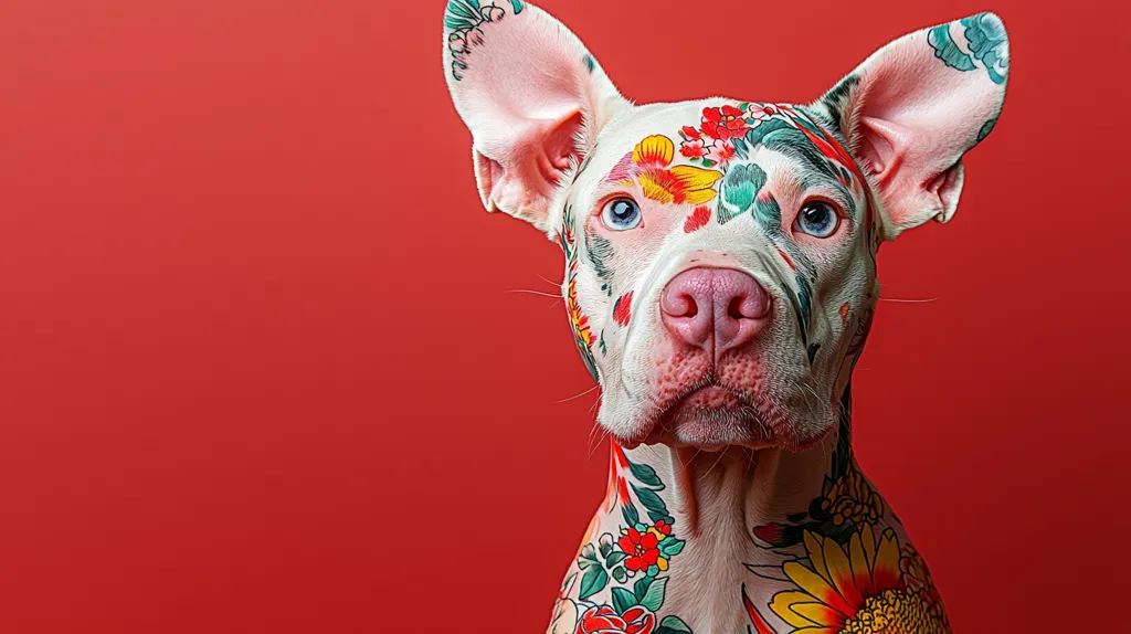 A white dog with large, floppy ears is looking directly at the camera. Its body is covered in colorful floral tattoos, and it is set against a solid red background. The dog's eyes are a striking blue, and its nose is pink.  The tattoo design is intricate and vibrant, and the dog's expression is one of curiosity and attentiveness.