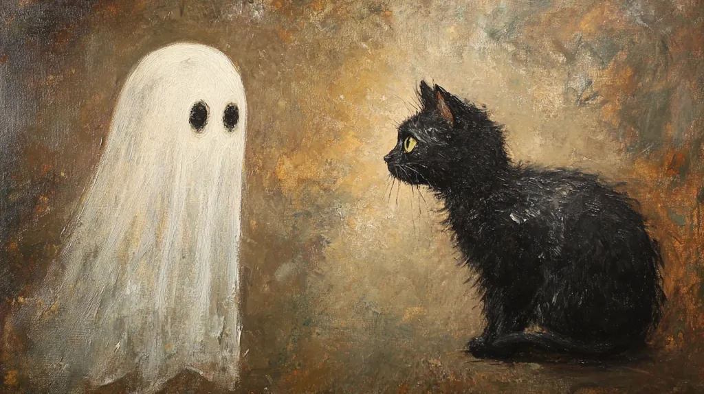 The painting depicts a black cat sitting and staring at a white ghost. The ghost is depicted as a classic white sheet with two black eyes. The background of the painting is a textured brown color. The scene is likely set during Halloween.  The painting evokes a sense of curiosity and maybe a hint of fear.