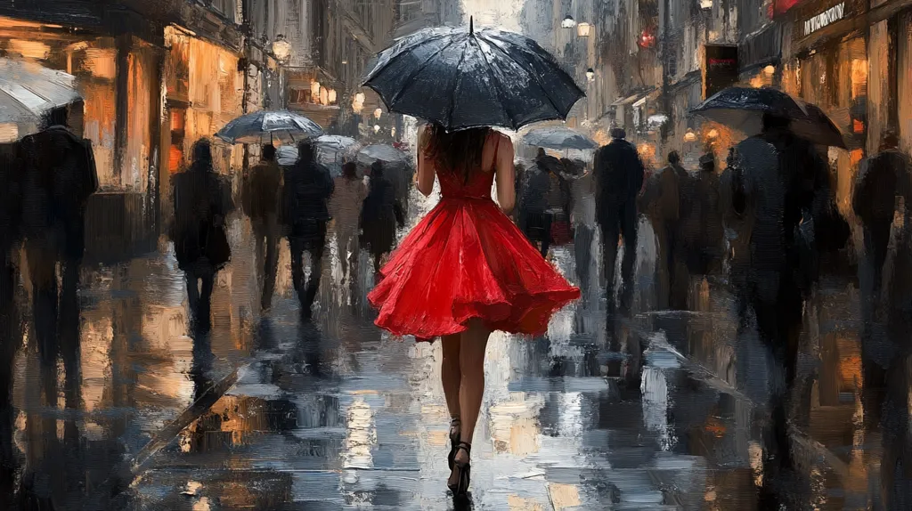 The painting depicts a woman in a bright red dress walking through a rainy city street, holding a black umbrella. The street is lined with buildings and shops, and the people in the background are blurred, creating a sense of motion and anonymity. The wet pavement reflects the streetlights and creates a sense of depth. The painting captures the feeling of a rainy city day and the solitude of a lone woman.