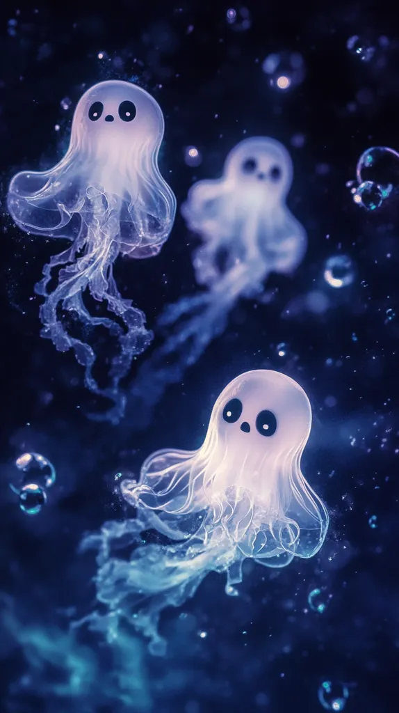 Three glowing jellyfish with cute faces drift through a dark blue, ethereal ocean.  Their bodies are translucent and shimmer in the dim light, surrounded by small bubbles and sparkles.  The image evokes a sense of wonder and tranquility.
