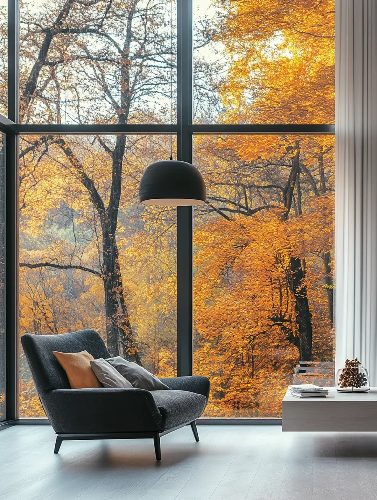 A large, black armchair sits in a modern living room with a panoramic window view of a vibrant fall forest. The warm sunlight streams through the window, illuminating the room. A black pendant light hangs from the ceiling, casting a shadow on the floor. The chair is upholstered in a dark gray fabric and features two soft throw pillows.  A white, minimalist coffee table with books and a decorative object sits to the right of the chair.  The overall mood is one of calm and tranquility.