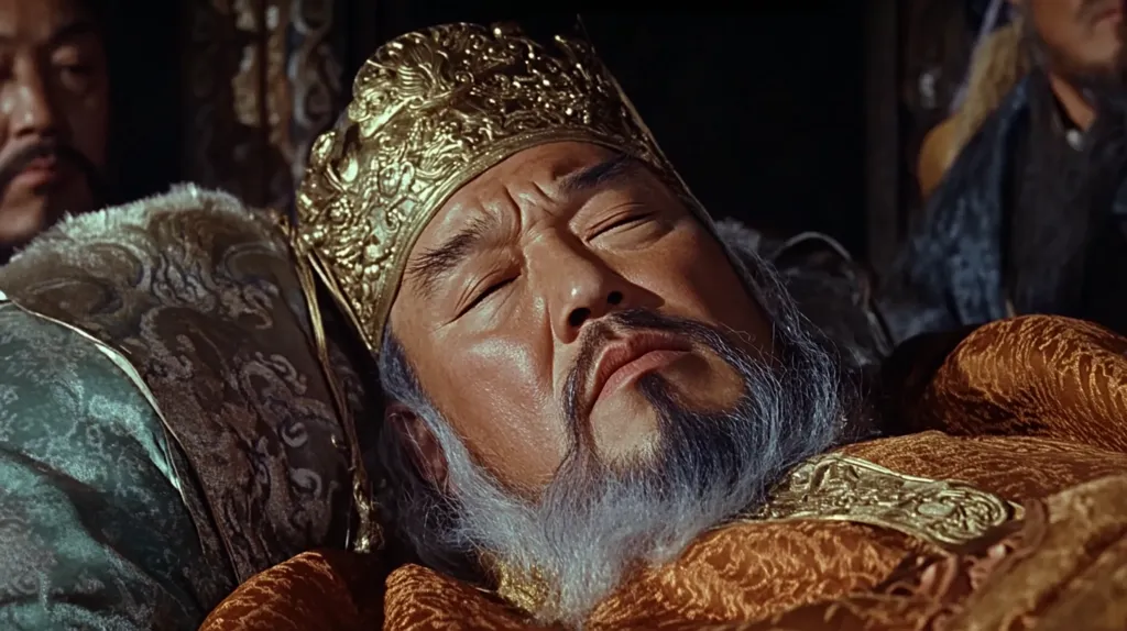 A man with a long white beard and a golden crown lies on a luxurious bed. His eyes are closed, and his face is relaxed, suggesting he is either asleep or dead. The man is wearing a richly decorated orange robe, and the bed is covered in ornate fabrics. The image is likely from a historical film or a production depicting a period of royalty.