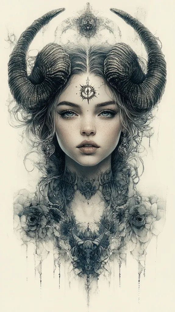 The image depicts a woman with long, dark hair and large, curled horns. She has a delicate, ethereal beauty, with soft features, large eyes, and a hint of a smile. Her forehead is adorned with a simple symbol, and her neck is adorned with a delicate, intricate necklace. The background is a soft, ethereal wash of gray and white, with hints of floral patterns and delicate, flowing lines. The overall impression is one of otherworldly beauty, mystery, and power.