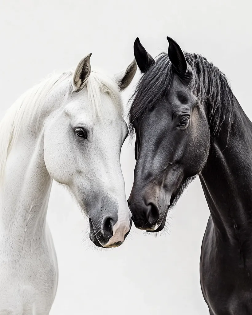 Two horses, one white and one black, stand close together with their heads touching, their noses almost touching. The white horse has a soft, fluffy coat, while the black horse has a sleek, shiny coat. The background is a simple white, allowing the horses to be the focal point of the image. The photo is likely taken in a studio or with a backdrop. The image evokes a sense of contrast, connection, and intimacy.