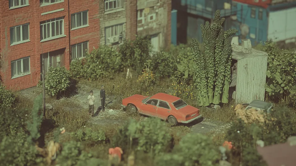 The image depicts a miniature city scene, with a red car parked in front of a brick building. Two miniature people stand on the sidewalk, while a third person appears to be walking in the grass. Tall, verdant bushes and trees surround the scene, adding depth and realism to the miniature world. The image evokes a sense of playfulness and nostalgia, reminiscent of childhood games and model building.