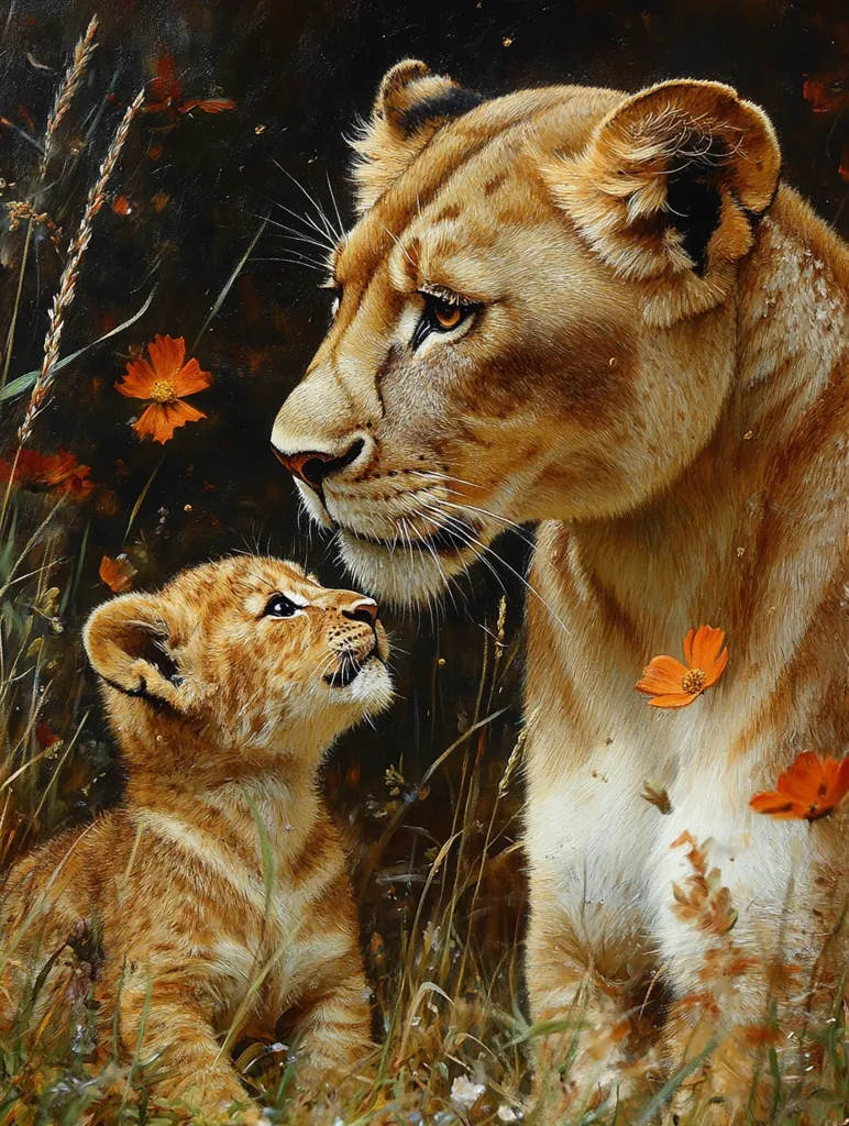 A lioness looks down at her cub, who is sitting in the tall grass and looking up at her. The lioness has a soft, gentle expression, and her cub seems to be full of admiration. The background is a blurred green and brown, with a few orange wildflowers scattered throughout. The painting captures a tender moment between a mother and her child.