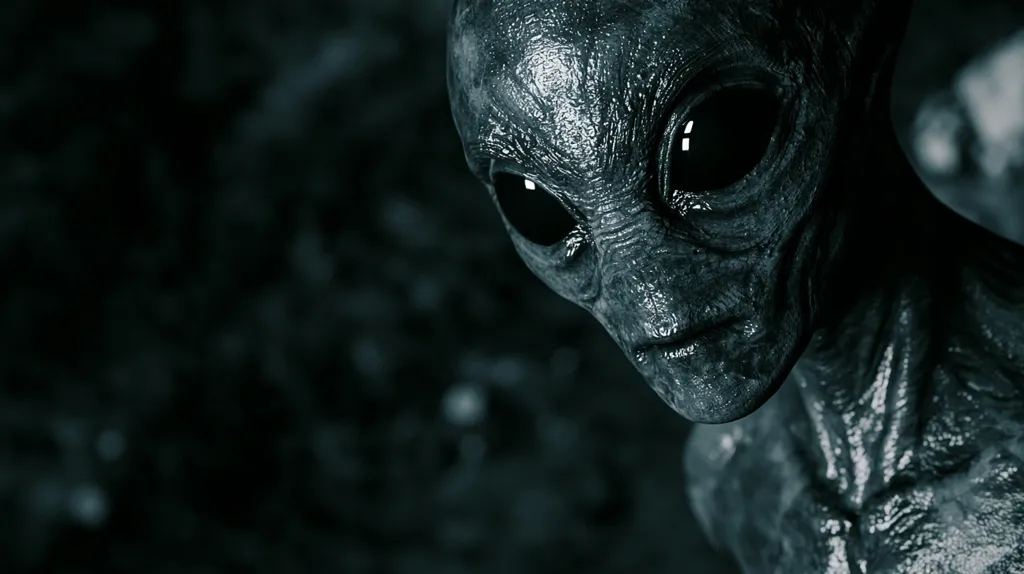 The image is a close-up of a grey alien's face. The alien has large, dark eyes and a thin, pointed mouth. Its skin is grey and wrinkled, and it appears to be wet. The alien's expression is one of curiosity or perhaps even amusement. The background is dark and blurry, suggesting that the alien is in a mysterious or unknown place.  The overall effect is one of intrigue and suspense.