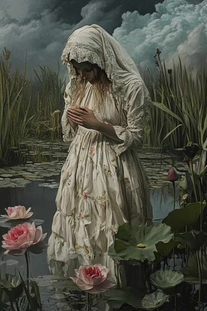 A woman dressed in a white, lacy dress and a veil stands in a pond, her hands clasped in prayer.  She is surrounded by lush green foliage and pink lotus flowers. The sky above is overcast with dramatic clouds, creating a moody atmosphere.  The scene evokes a sense of peace and serenity, with the woman's posture and the natural beauty of the surrounding environment.