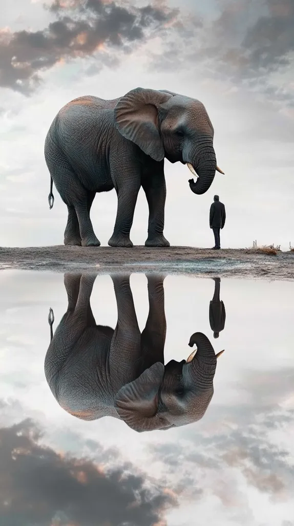 A large elephant stands in a field with a man standing in front of it. The elephant's reflection in the water is perfectly mirrored, creating a surreal and almost mythical scene. The sky is cloudy and the overall atmosphere is tranquil and serene.