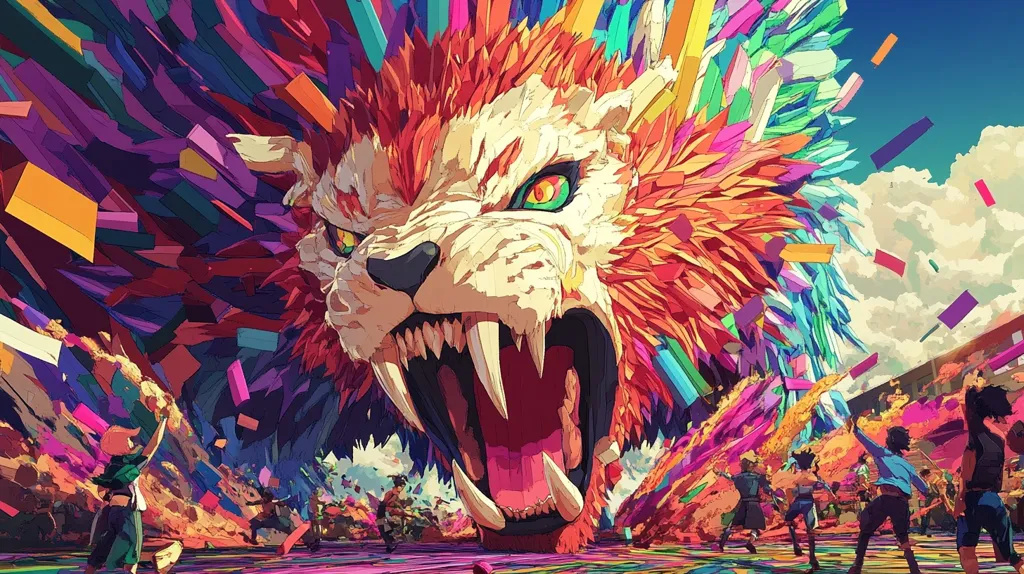 A vibrant, almost psychedelic, image of a roaring lion made from colorful geometric shapes. The lion's head fills the foreground, its open mouth revealing sharp teeth. The background is filled with a kaleidoscope of colors, a mix of sharp angles and soft edges. Several figures, also made of geometric shapes, appear in the background, dwarfed by the lion's immense presence. The entire image is filled with energy and a sense of awe, as if witnessing a powerful, mythical creature.