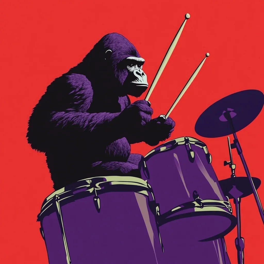 A gorilla is playing the drums. He is sitting on a stool and using drumsticks to hit the drums. He is wearing a black fur coat. He is playing in a room with a red wall. He is playing with a lot of energy and enthusiasm.  The image is in a bold, graphic style.