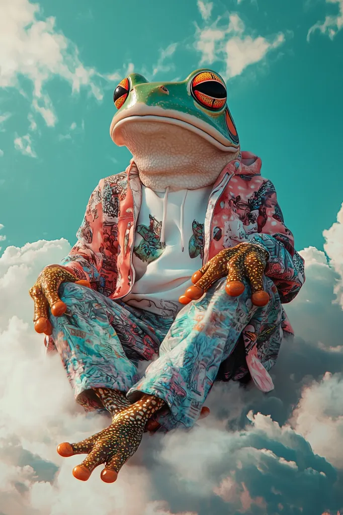 A frog wearing a pink and blue patterned hoodie and pants sits on a cloud in a bright blue sky. The frog has large, orange-rimmed eyes and a relaxed expression. The image has a whimsical and surreal quality.