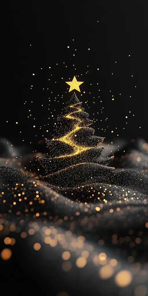 A golden star sits atop a shimmering Christmas tree made of tiny golden lights. The tree stands on a bed of black cloth, its surface also covered in the same twinkling lights.  The background is dark, enhancing the glow of the tree and the star. The scene evokes a sense of festive magic and wonder.