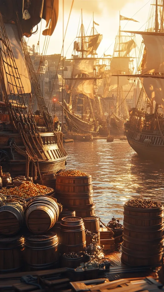 A close-up of a wooden ship's deck, showcasing a variety of wooden barrels filled with goods.  The ship is docked at a bustling harbor filled with tall, majestic sailing ships. The scene is bathed in warm, golden light, suggesting a sunset or early morning. The image evokes a sense of adventure and maritime history.