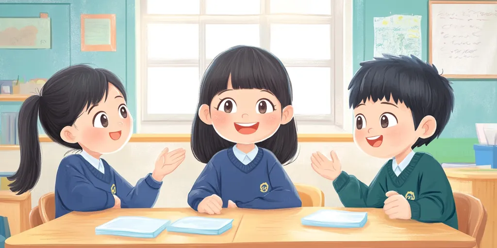 Three students, two girls and a boy, sit at a desk in a classroom.  They are smiling and appear to be having a conversation.  The girl on the left has a ponytail, and the girl in the center is wearing a blue sweater.  The boy on the right is wearing a green sweater.  They all have open notebooks in front of them.  The classroom has a window, a whiteboard, and posters on the wall.