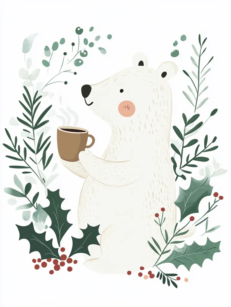 A white polar bear sits among a wreath of holly and sprigs of green leaves. The bear holds a brown mug in its paws. Steam rises from the mug. The illustration is rendered in a stylized cartoon style, and the colors are soft and muted.  The image evokes feelings of warmth and coziness.