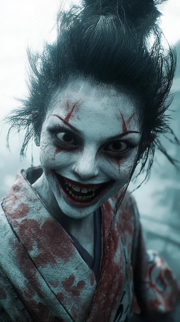 A woman with a disturbing smile and blood-streaked face is depicted in the image. Her hair is pulled back in a bun and she is wearing a traditional Japanese kimono with floral patterns. The image evokes a sense of unease and horror, with the woman's unsettling expression and the overall dark and mysterious atmosphere.  The image is likely from a horror movie or video game.