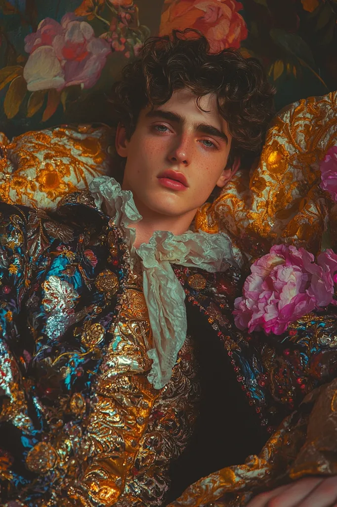 A young man with curly dark hair lies on a bed of luxurious fabric, adorned with intricate embroidery and a delicate white scarf. The room is filled with vibrant flowers, creating a sense of opulence and romance. The soft lighting and dramatic pose create a sense of mystery and intrigue.  The image evokes a sense of  historical grandeur and fantasy.
