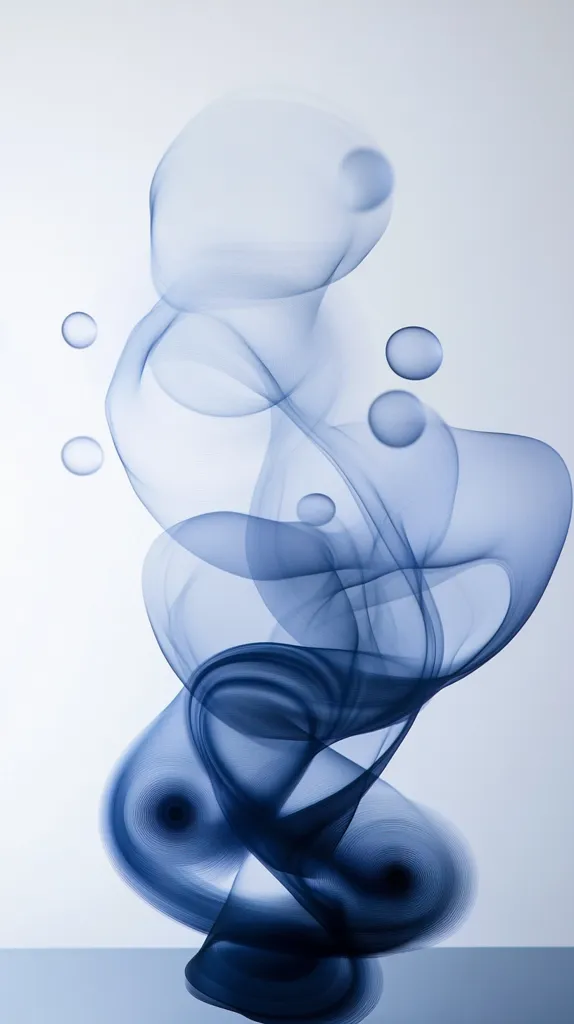 A swirling, abstract form composed of translucent blue smoke-like shapes against a white background. The forms create a sense of movement and flow, with smaller, circular shapes scattered throughout the composition. The image has a ethereal and dreamlike quality.