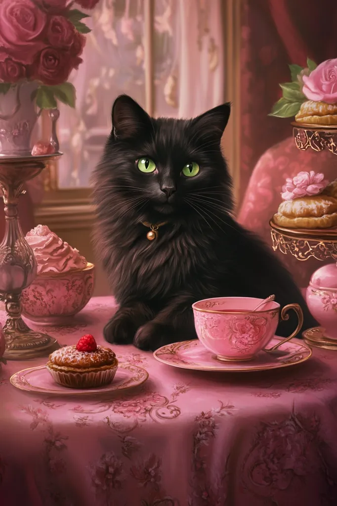 A black cat with bright green eyes sits on a pink table with a cup of tea and a pastry in front of it. The table is adorned with a pink tablecloth and a silver tea service.  The cat is wearing a gold collar, and there is a bouquet of red roses in a vase to the left of the cat.  The image is a whimsical scene of a cat enjoying tea time in a cozy setting.