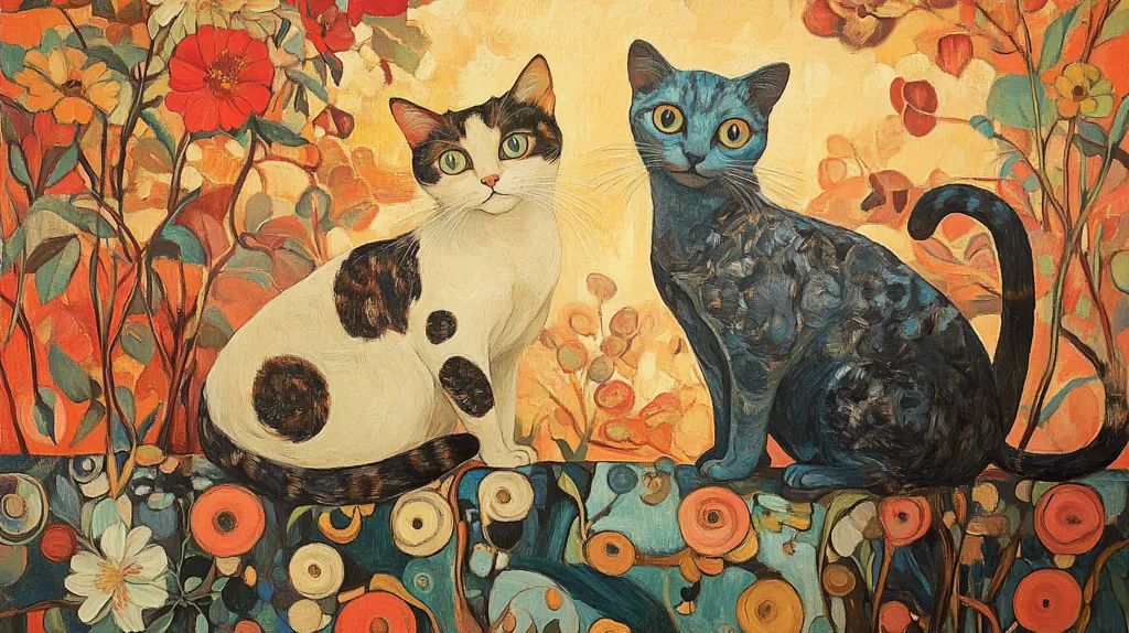 Two cats, one black and one white with black spots, sit on a colorful floral background. The black cat has green eyes, the white cat has brown eyes. Both cats are looking to the right. The background is a mixture of orange, blue, and green, with a variety of floral patterns.  The painting style is impressionistic and whimsical.