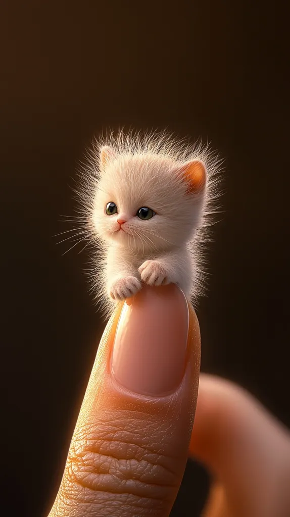 A tiny, white kitten with large, green eyes sits perched on a human finger, its paws clutching the skin. The kitten's soft fur is visible in detail, and its expression is one of curiosity and mild apprehension. The background is a warm, dark brown, which creates a contrast with the kitten's white fur.  The image evokes feelings of tenderness and the fragility of youth.