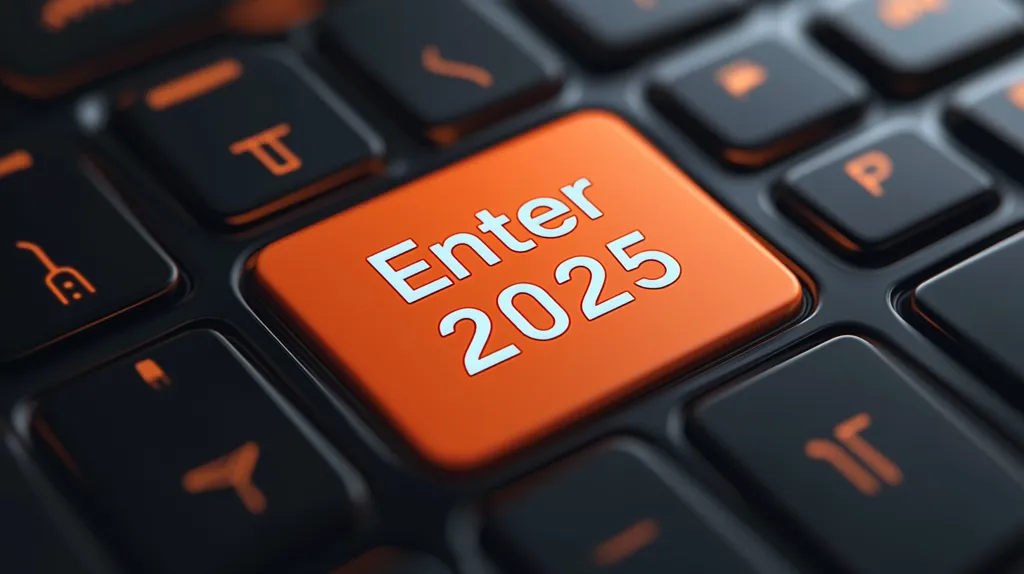 A close-up shot of a black computer keyboard with an orange key that says "Enter 2025." The key is illuminated with a white glow, making it stand out from the other black keys. The image suggests entering the new year, 2025.