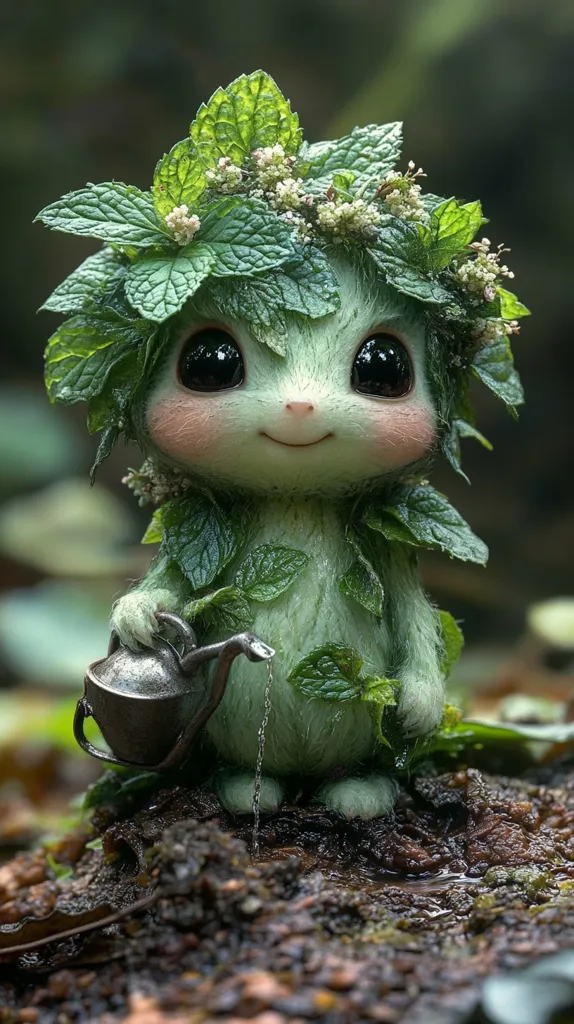 A small, furry creature with large, dark eyes is covered in leaves and flowers. It holds a tiny watering can, from which water flows onto the ground. The creature has a sweet expression and appears to be nurturing the environment. It is set against a backdrop of lush greenery, creating a whimsical and magical scene.
