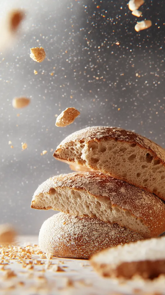 The image shows a stack of three fresh bread loaves, with a light dusting of flour. The loaves are arranged in a pyramid shape, with the bottom loaf resting on a wooden surface.  The background features a soft, gray gradient with small, white specks, adding a sense of movement and lightness.  The overall effect is one of warmth and simple beauty.