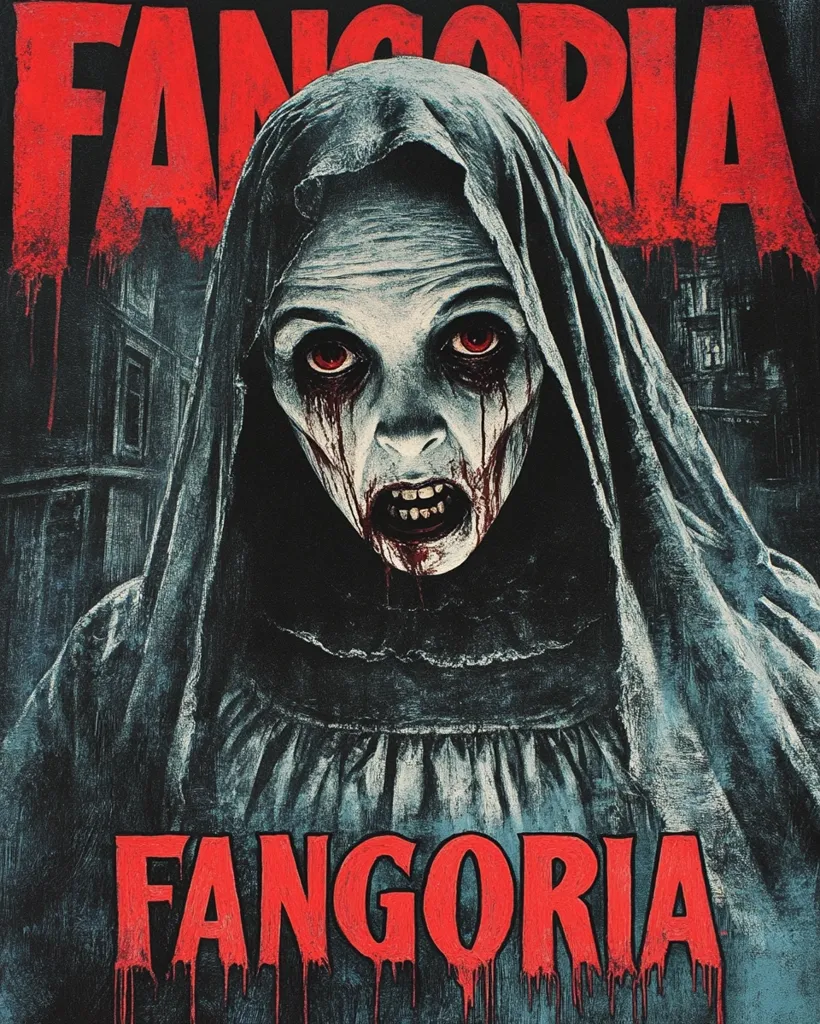 The image depicts a horror film poster featuring a woman in a black hooded robe with blood dripping down her face and a sinister grin. She appears to be a ghost or a creature from a horror movie.  The poster is titled "Fangoria" in large red letters, with dripping blood effect. The background is dark and shadowy, creating a chilling atmosphere.