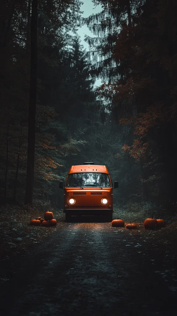 An orange van drives down a dark, tree-lined road with a soft glow from its headlights. Pumpkins are scattered on the side of the road, adding to the spooky, autumnal atmosphere. The trees on either side of the road are dense and shadowy, creating a sense of mystery and isolation.