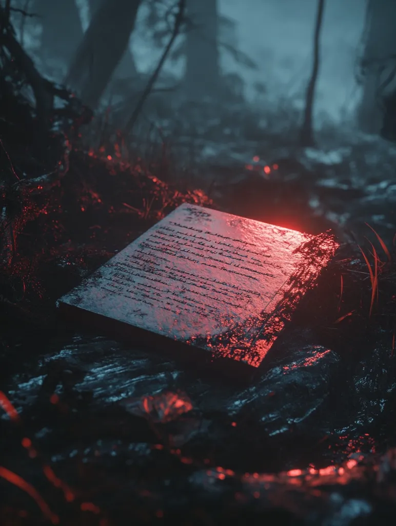 A piece of paper with writing on it lies on the forest floor. The paper is illuminated by a red light, casting a warm glow on the surrounding foliage. The forest is dark and mysterious, with tall trees and a thick canopy of leaves. The atmosphere is one of secrecy and intrigue. The paper appears to be old and worn, suggesting a story that has been passed down through time.