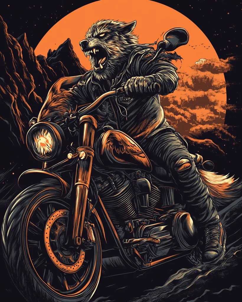 A snarling werewolf, clad in leather, rides a motorcycle against a backdrop of an orange moon and dark, jagged mountains. The scene is rendered in a striking, graphic style, with bold lines and contrasting light and shadow. The werewolf's fierce expression and the motorcycle's powerful presence create a sense of speed and danger.