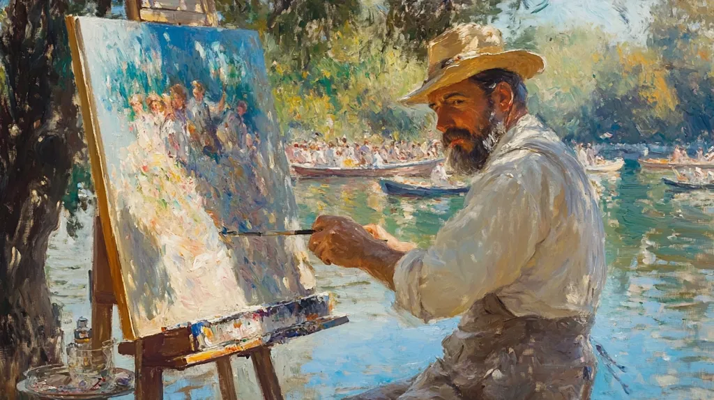 The painting depicts a man in a straw hat painting outdoors. He is seated with his back to the viewer, holding a brush and facing an easel with a canvas. The canvas shows a group of people in a water setting, suggesting the artist is painting a scene from nature. Behind him, a river flows with boats and a line of trees. The painting is done in a loose, impressionistic style, with visible brushstrokes and a focus on capturing light and movement.