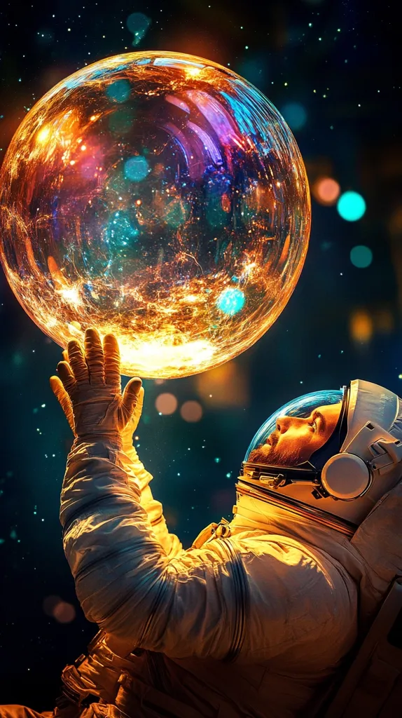 An astronaut in a white spacesuit looks up in awe at a giant, shimmering bubble floating in space. The bubble reflects the surrounding stars and glows with an internal light, creating a sense of wonder and mystery. The astronaut's hand reaches towards the bubble, suggesting a desire to explore or connect with the unknown. The dark background, sprinkled with twinkling stars, enhances the dramatic and ethereal atmosphere of the scene.