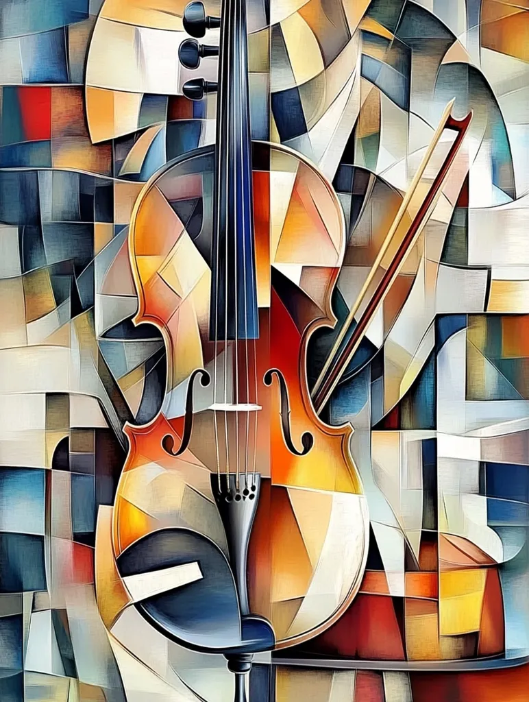 A violin, painted in a cubist style, is the focal point of this artwork. Geometric shapes and vibrant colors create a dynamic composition, emphasizing the instrument's curves and angles. The background is a mosaic of abstract shapes, adding depth and texture to the piece. The overall effect is bold, expressive, and visually captivating.