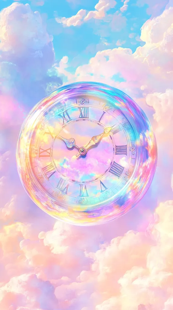 The image shows a clock face floating in a dreamy, pastel-colored sky with fluffy clouds. The clock face has Roman numerals and a delicate, iridescent glow. The soft colors and ethereal feel create a whimsical and timeless atmosphere.