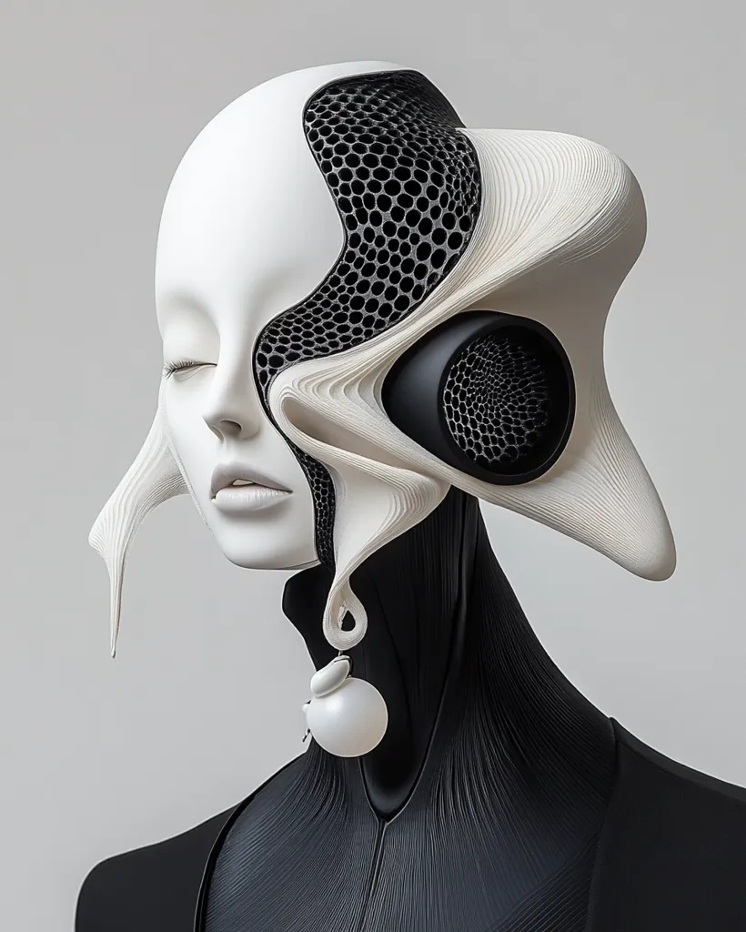 A white mannequin head is adorned with a black and white, abstract, sculptural headdress that covers one side of its face. The headdress features intricate, organic shapes and textures.  It's attached to a black, textured garment. The overall aesthetic is futuristic and avant-garde.