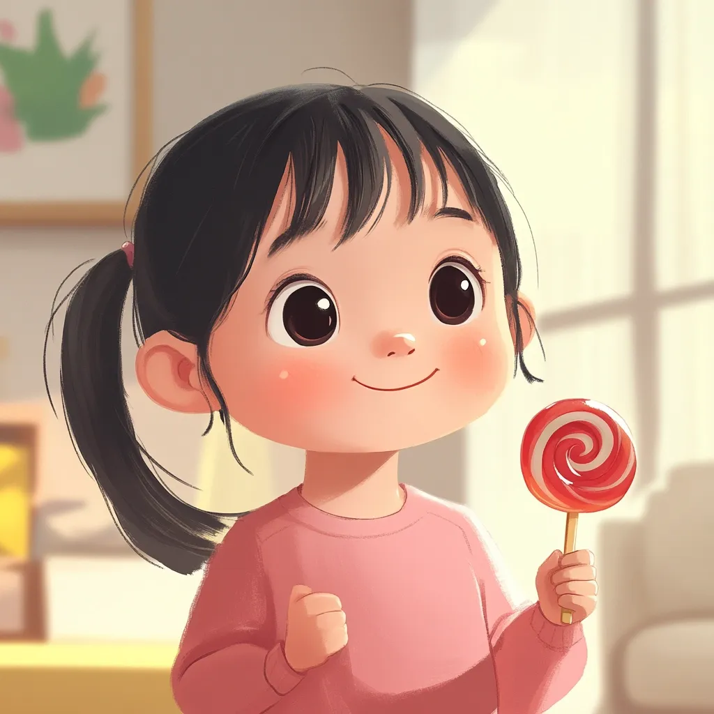 A young girl with large, expressive eyes and rosy cheeks smiles brightly. She has long black hair pulled back in a ponytail and is wearing a pink sweater. She holds a red and white lollipop in her right hand.  The background is a blurred image of a room with a window. The image is drawn in a cartoon style.
