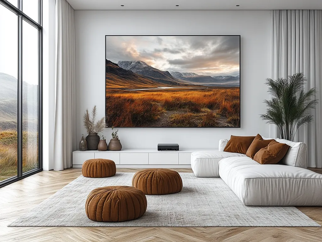 A modern living room with a large picture window, white curtains, and a white sectional sofa with brown cushions. The focal point is a large framed landscape photograph of a valley with mountains and a cloudy sky. The room is decorated with brown and white accents, including a large potted palm tree, a rug, and three round brown ottomans.  The light wood floor is arranged in a herringbone pattern.