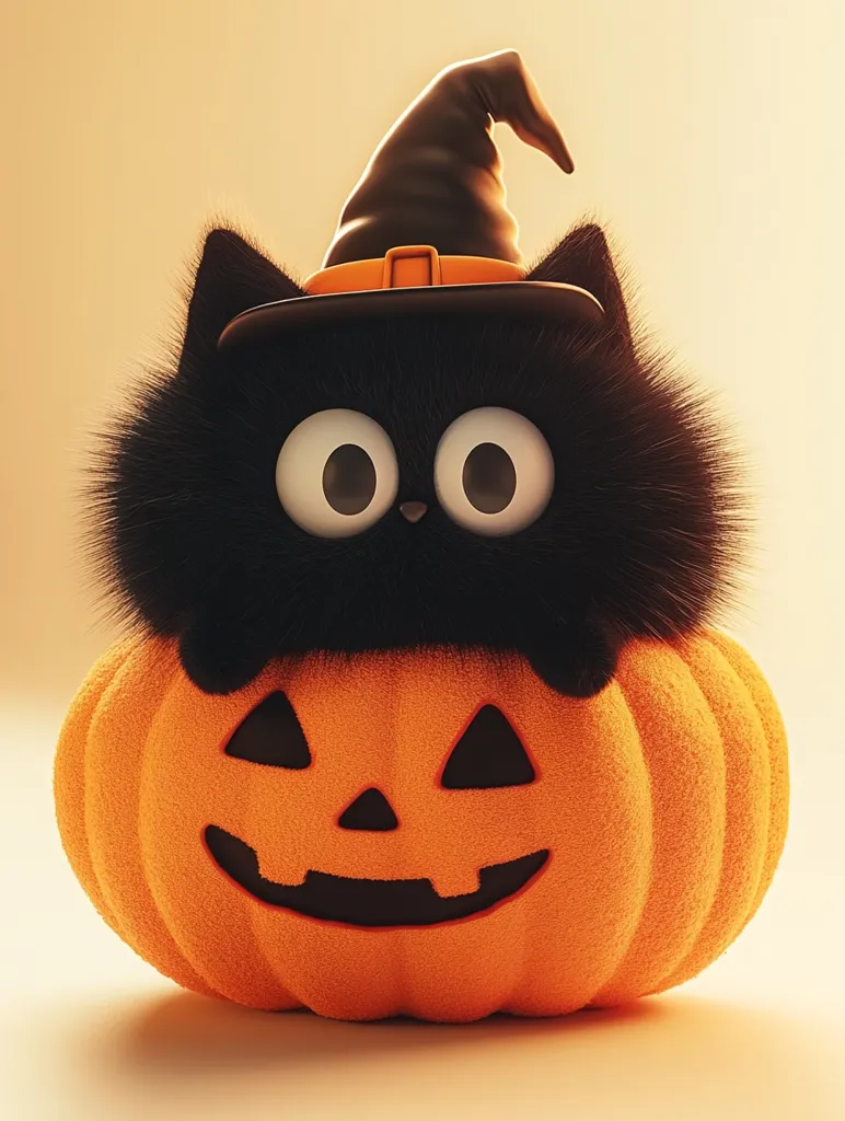 A black cat wearing a witch's hat peeks out from inside a large orange pumpkin. The pumpkin has a carved jack-o'-lantern face, with a wide smile and large triangular eyes. The cat's eyes are also large and round, giving it a cute and playful expression. The image evokes a fun and festive atmosphere for Halloween.