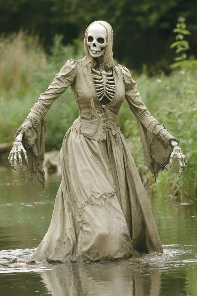 A skeletal figure wearing a long, tattered dress, stands in a shallow stream. The figure's head is a realistic skull, with a visible ribcage and bony arms. The dress appears to be made of mud or clay, and the surrounding vegetation is blurred in the background. The figure's eerie presence creates a sense of unease.