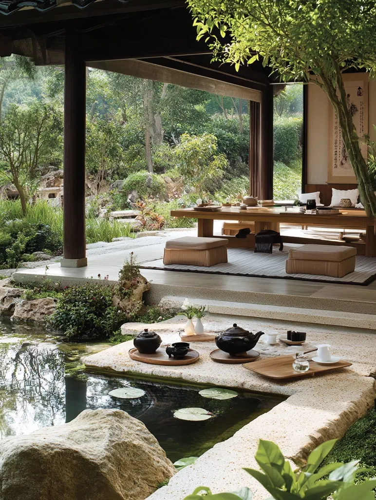 A serene Japanese garden with a wooden patio overlooking a tranquil pond. The patio is furnished with a wooden table and chairs, and the pond is adorned with lily pads. The scene is surrounded by lush greenery and a traditional Japanese house in the background.  The air is filled with the sounds of nature, creating a peaceful and calming atmosphere.