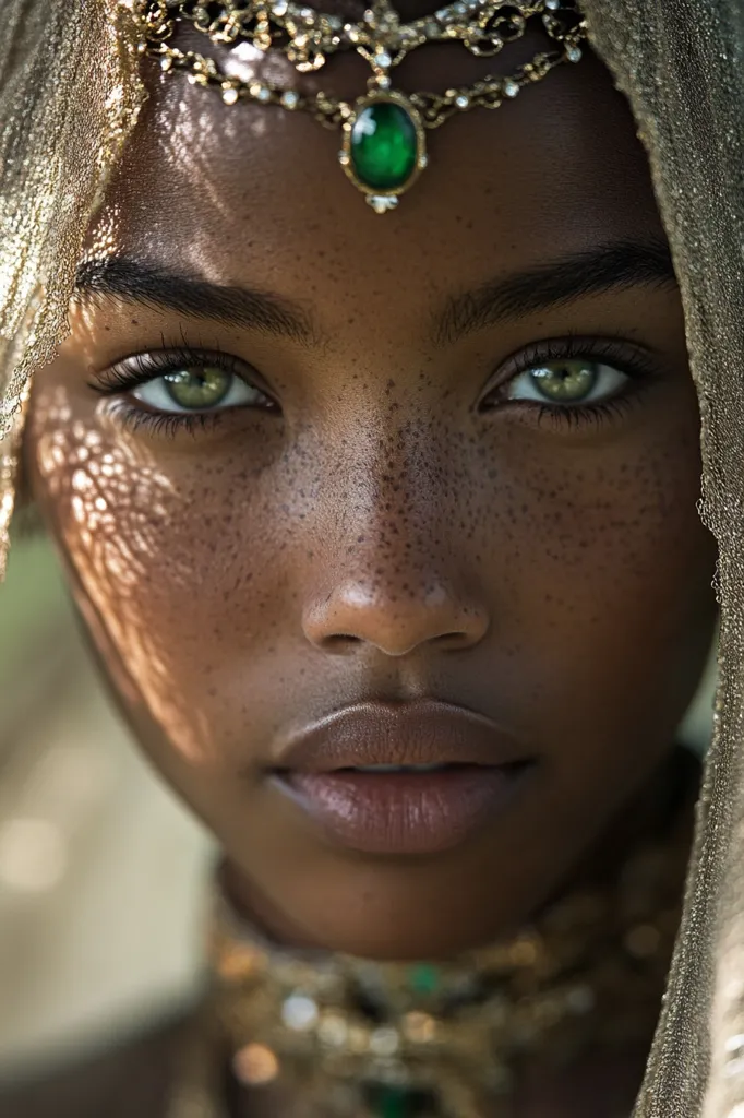 The image shows a close-up of a young woman's face. She has dark skin, green eyes, and freckles. She is wearing a gold headpiece with a green gemstone and a gold necklace. The light casts a shadow on her face, adding a sense of depth and mystery to the portrait. Her gaze is intense, suggesting confidence and a sense of inner strength. The overall image is striking and captivating.