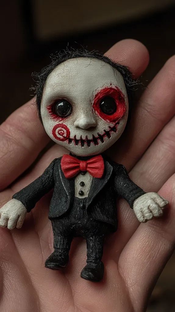 The image shows a small doll with a creepy appearance. It has a pale face with sewn-shut lips and a red spiral on one eye.  The doll is dressed in a black suit with a red bow tie and appears to have been handcrafted. The doll is held in someone’s hand.  The image gives off an eerie and unsettling vibe.