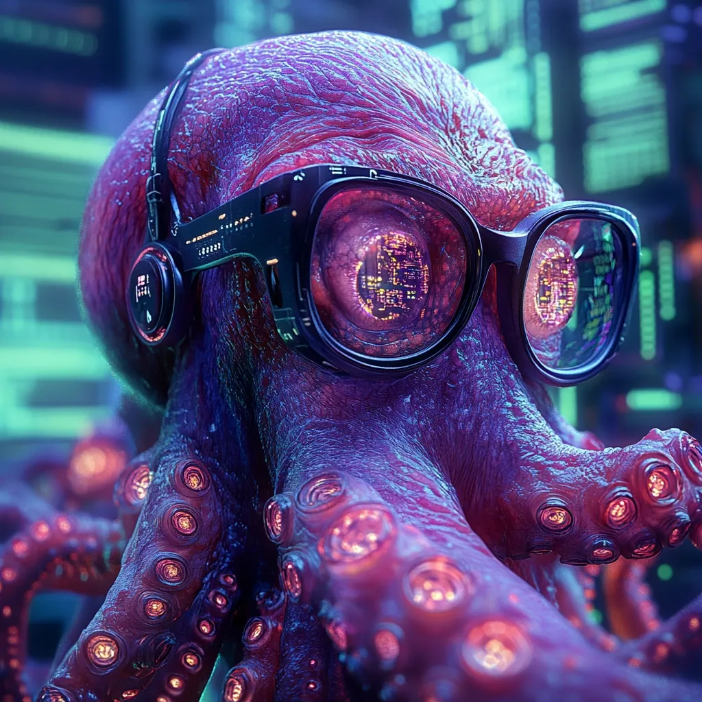 A close-up of a purple octopus wearing futuristic goggles. The octopus's eyes are reflected with digital code, and its tentacles are illuminated with a soft glow. The background is blurred, suggesting an abstract technological environment. The image evokes a sense of mystery and technological advancement.