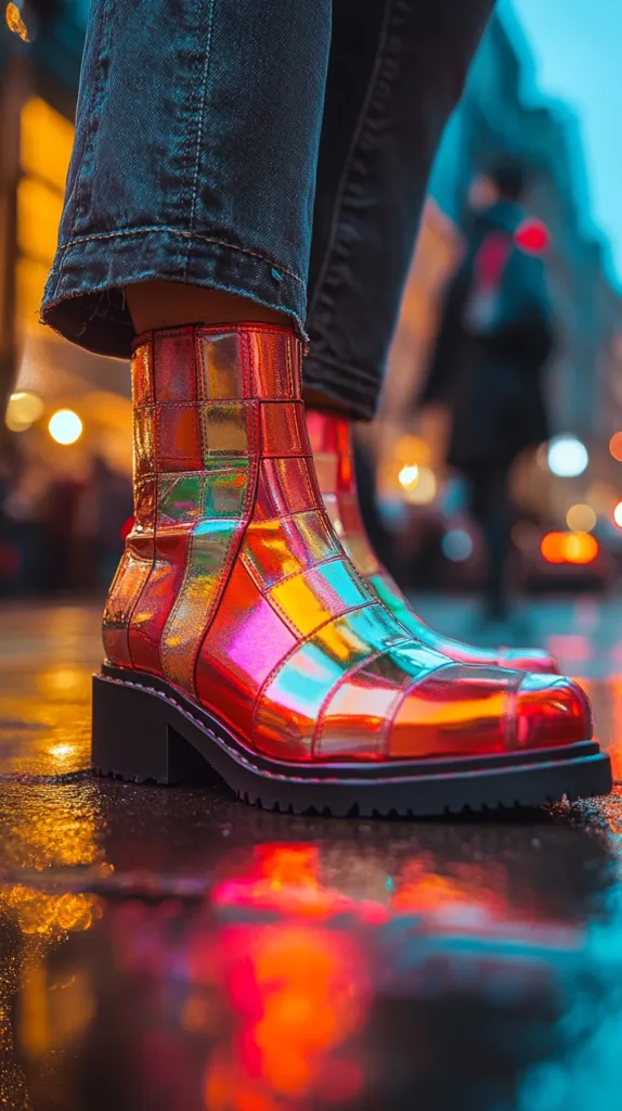 A person wearing denim jeans is standing in a city street at night, wearing colorful iridescent boots with a thick black sole. The boots reflect the bright city lights, creating a vibrant and modern aesthetic. The photo captures the juxtaposition of casual denim and bold, eye-catching footwear, showcasing a street style look.