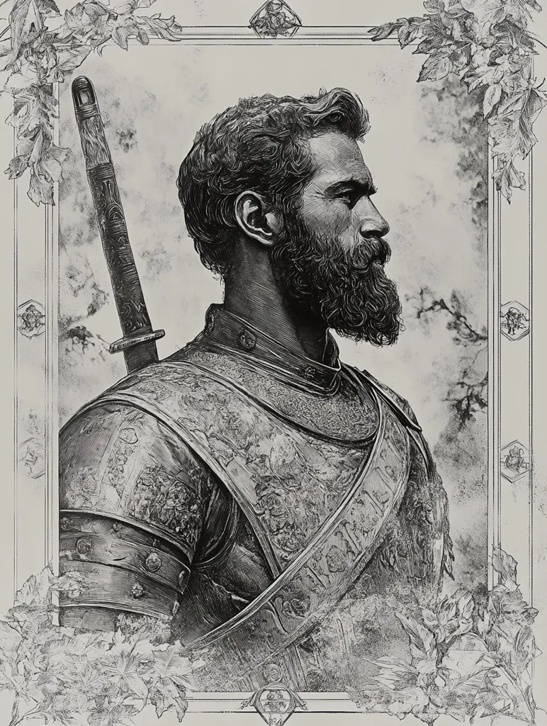 A black and white illustration of a man in armor, with a sword at his side. He has a thick beard and is looking off to the side. The image is framed by a decorative border with leaves and flowers. The man appears to be a warrior or a knight.